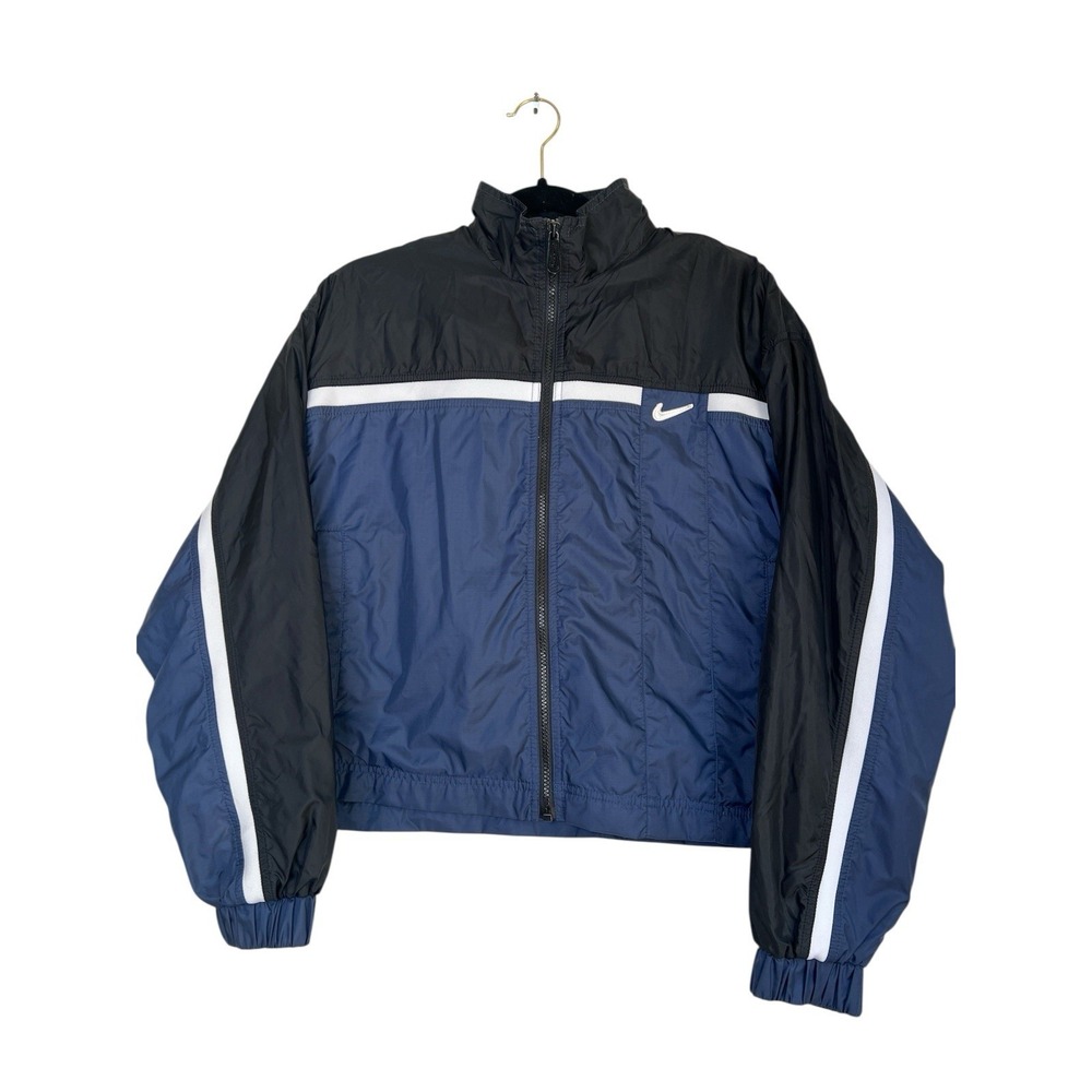 Vintage Nike Windbreaker Jacket Navy Blue Black White Stripe Full Zip Kids Med